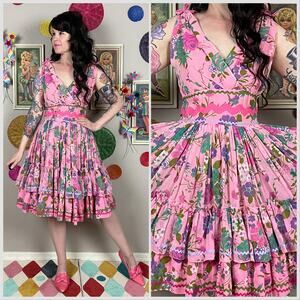 Vintage 1950s Pink Floral Sleeveless Fit and Flare Ruffle Dress